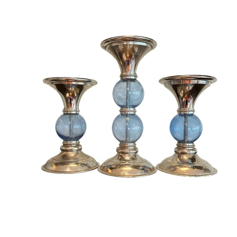 Silver Tone Blue Glass Orb Candlestick Holders Set of 3 Taper Pillar Pedestal